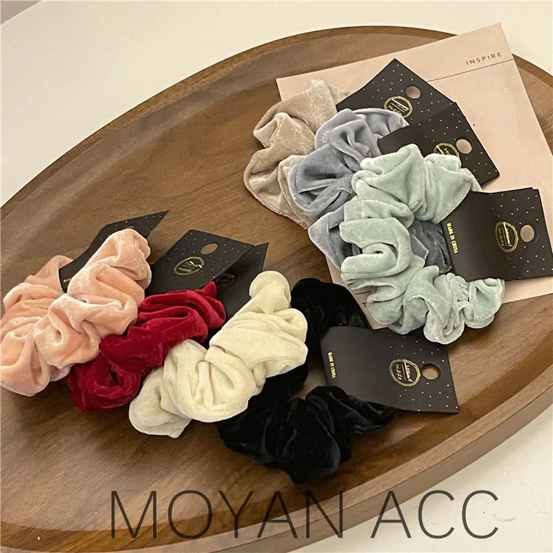 Korean velvet pig colon scrunchie Black leather band wine red velvet hair accessories Cream autumn and winter ruffled headdress