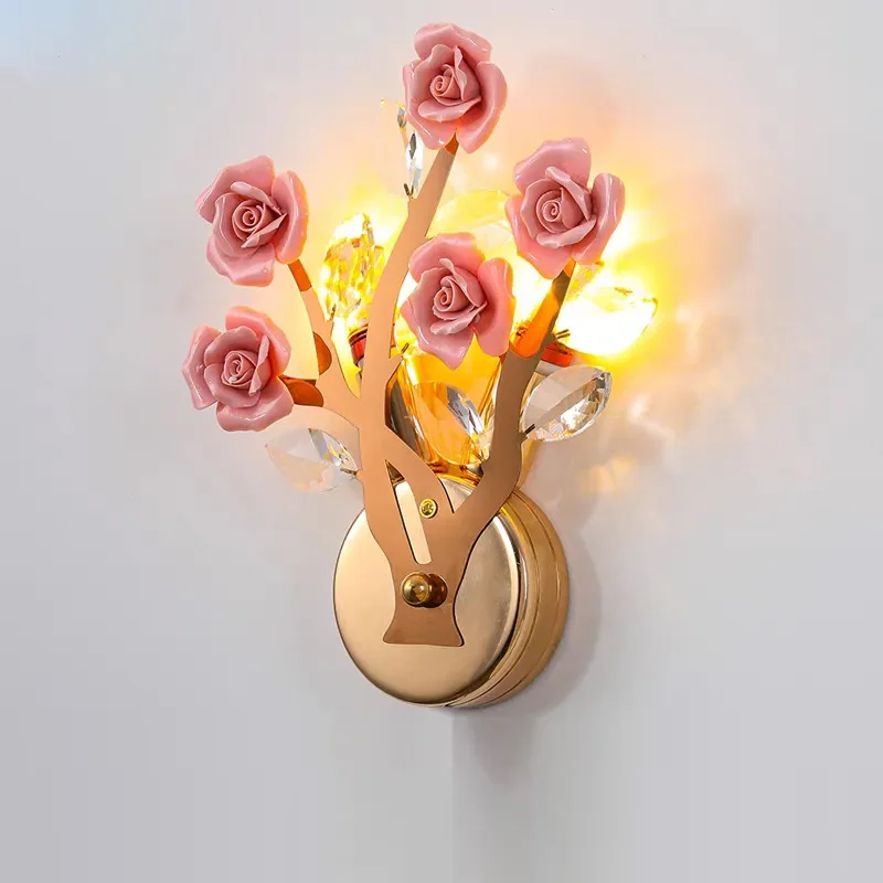 WPD Contemporary Crystal Wall lamp Creativity Ceramics Rose Blossoms Living Room Bedroom Girl's room Villa LED Bedside Light