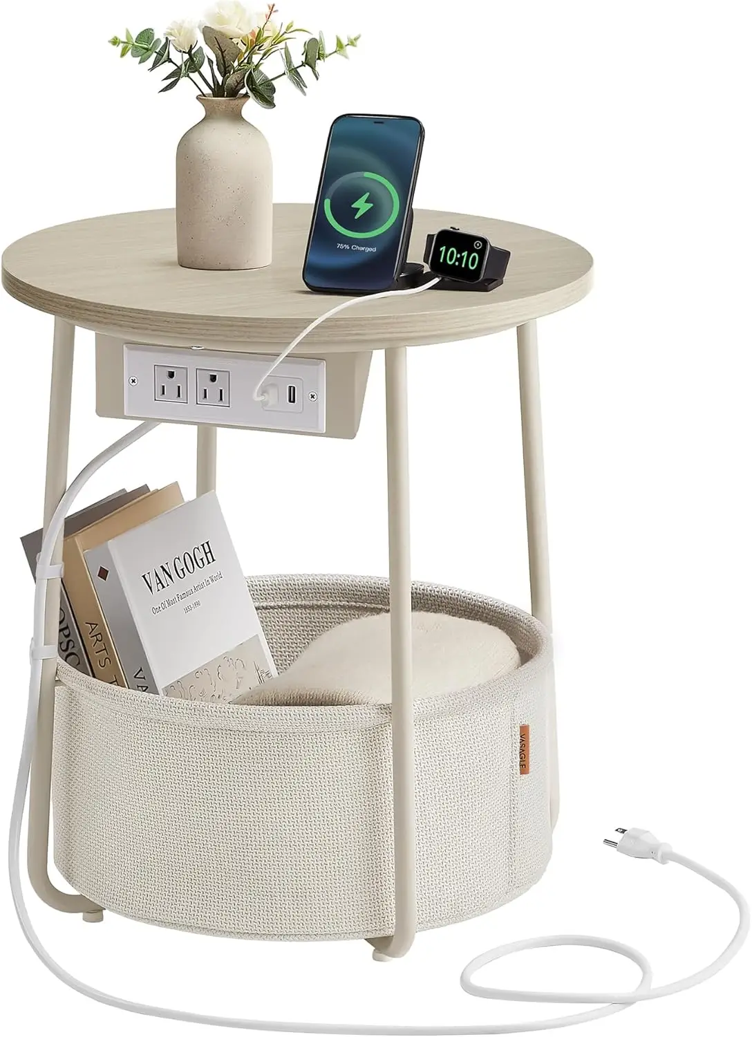 

LILEA Collection - Side Table with Charging Station, Round End Table with Fabric Basket, Nightstand with USB Ports, for Livin