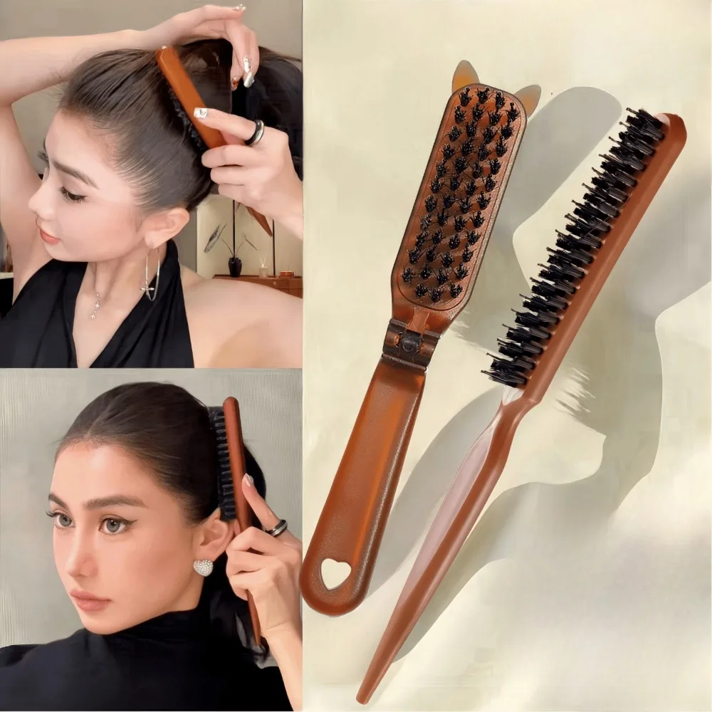 Classic Foldable Hair Comb Portable Boar Bristle Hair Brush Brushes Head Massager Traveling Combs Hair Styling Accessories Coffe