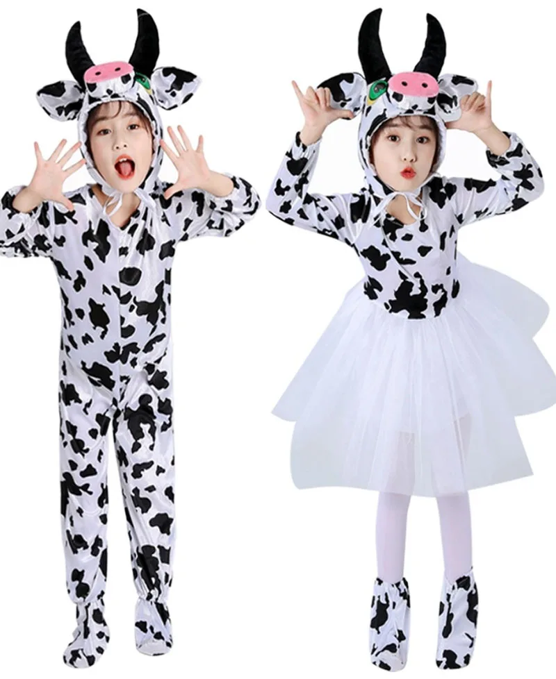 Children Kids Cartoon Animal Calf Milk Cow Party Costume Performance Dress Tutu Boys Girls Jumpsuit Halloween clothing