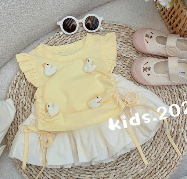 Girls Summer New Set Baby Girl Cute Top Childrens Design Sensory Skirt Two Piece Set Cute and Gentle Two Piece Set