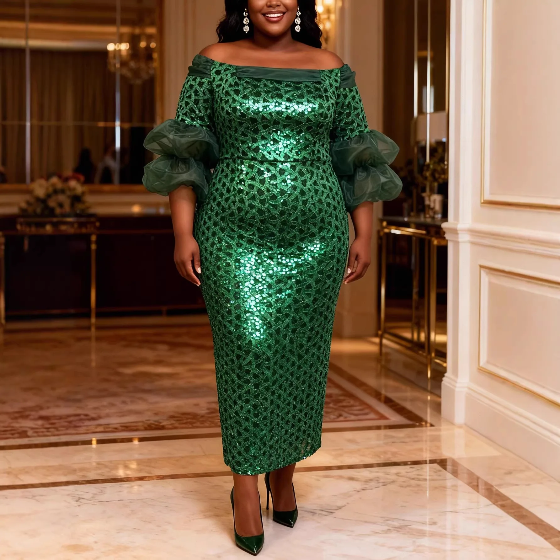 

L-4XL Африканские платья больших размеров для женщин, лето 2026, весна, элегантное африканское платье с коротким рукавом и блестками, вечернее, свадебное, длинное платье