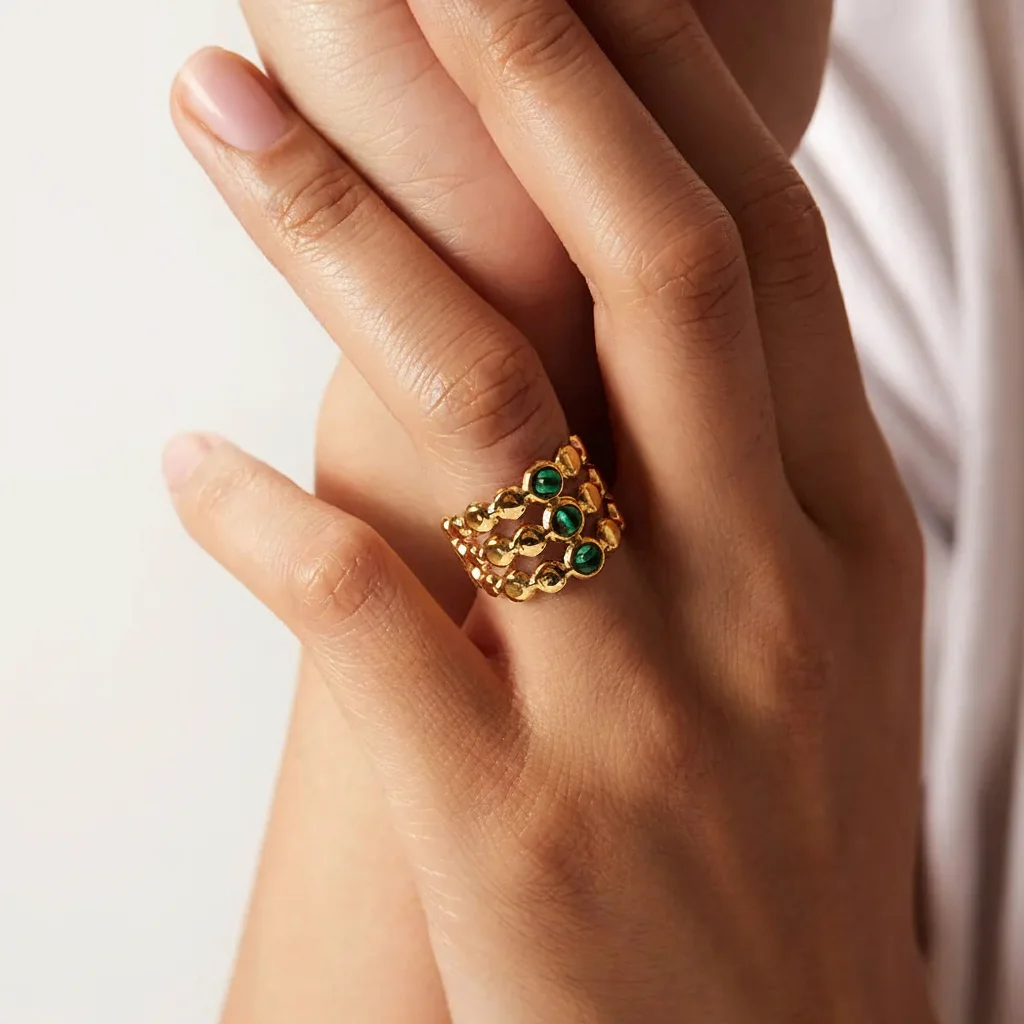 Vintage Multi Layer Stackable Rings For Women Retro Gold Color Twisted Rope Green Pink Stone Finger Jewelry Statement Party Gift