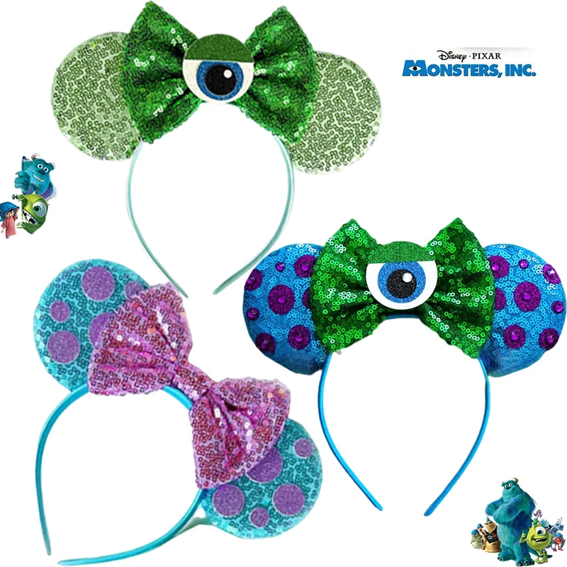 

Disney Monsters Inc Ears Hair Accessories For Girls Sequins Bow Mike Wazowski Headbands Women Cosplay Sulley Hairbands Kids Gift