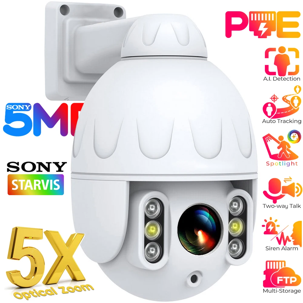 

5MP 5X Optical Zoom IP Camera Outdoor PoE PTZ Camera Auto Tracking Human Detect Dome Security Camera Sony Starlight CCTV Cameras