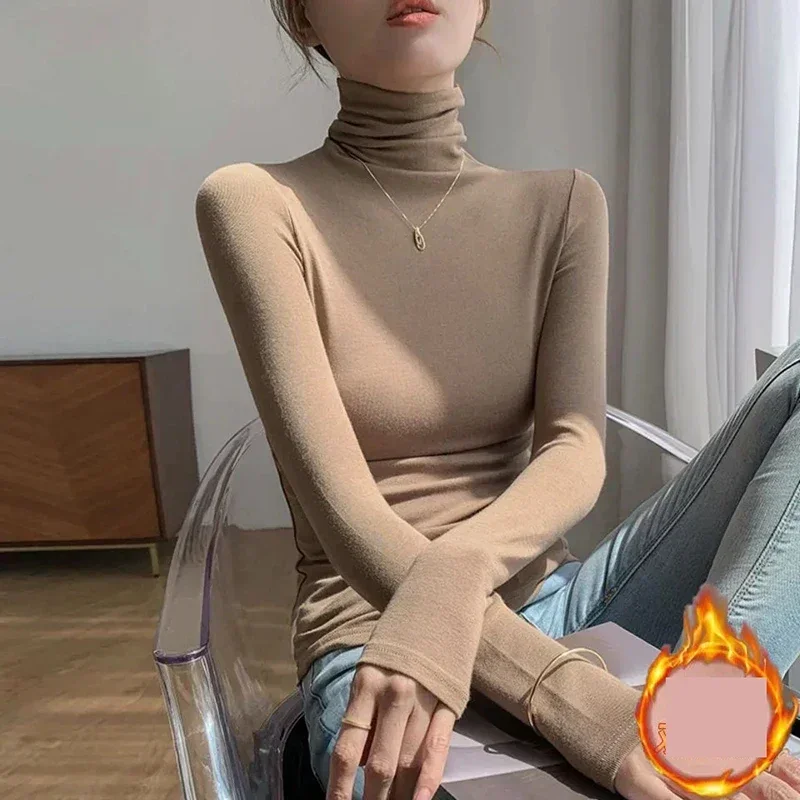 Turtleneck Undershirt Thin Velvet Slim Solid Color Women's Long Sleeved Pullover Simple Casual Korean Fashion Autumn Winter