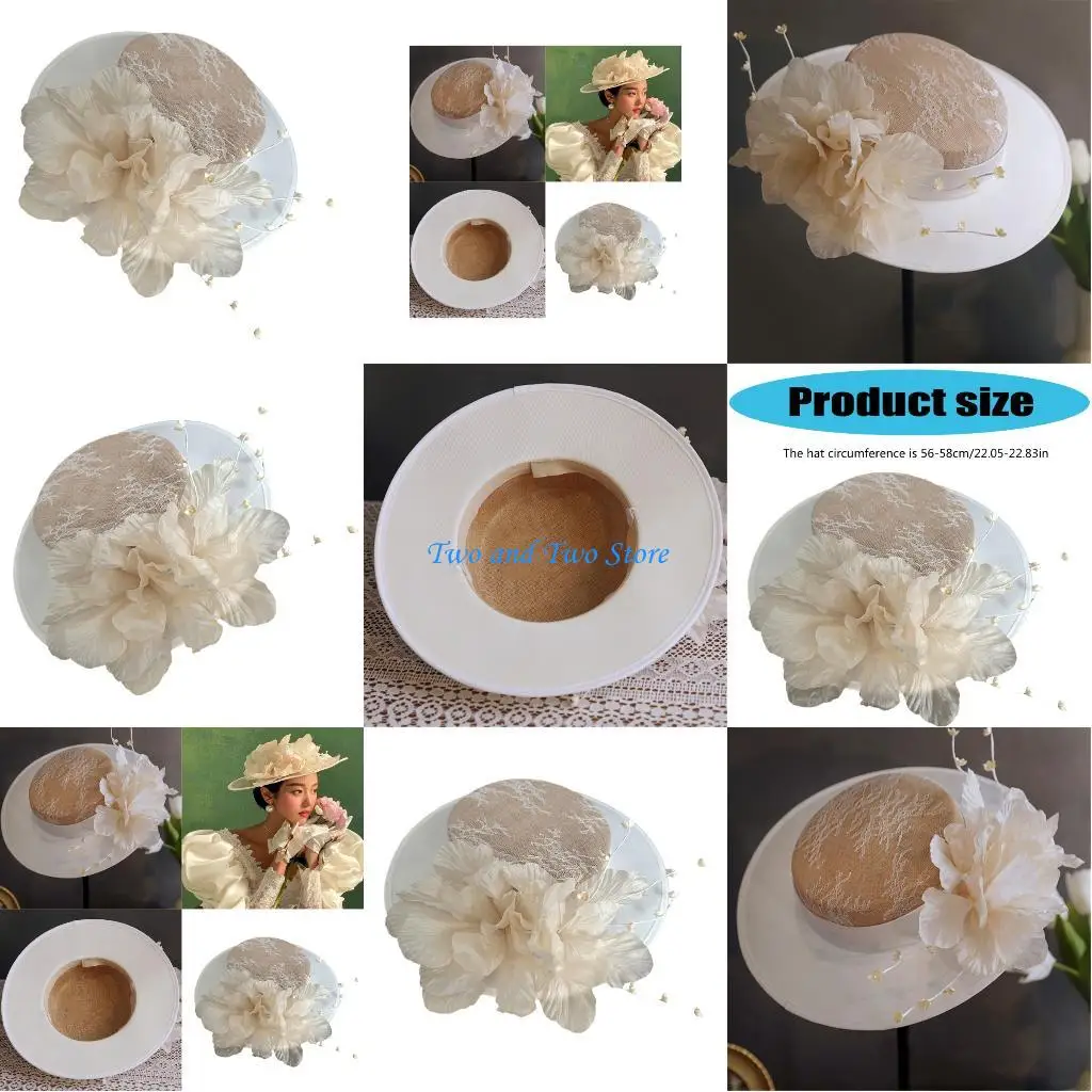 

HX6F Handmade Lace Bridal French Hat Champagne Flower Vintage Wedding Headpiece