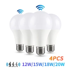 4PCS Radar Motion Sensor Lamp 20W 18W 15W 12W E27 LED Bulb 220V Working in Night For Home Living Room Stair Pathway