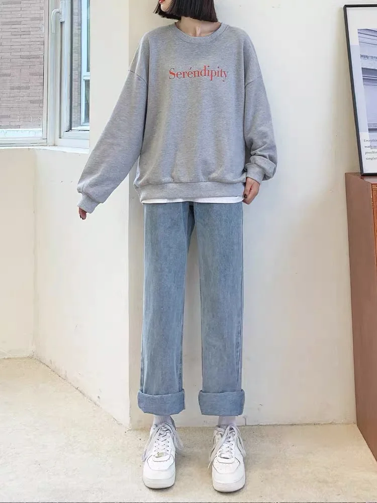 

Джинсы с высокой талией и широкими штанинами, женские весенне-осенние прямые свободные утягивающие джинсы небольшого размера, узкая версия Fce длиной до пола...