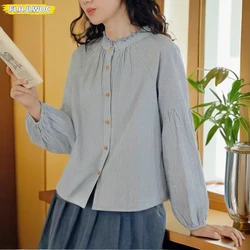 2025 Cotton Tops Basic Shirts Blouses Women Fall Basic Retro Vintage Blue Striped Top Chic Japan Korea Clothes Design Blusas