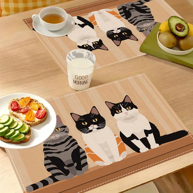 VIKAMA Cartoon Cat Placemat Striped Background Linen Table Mat Cute Animal Heat Resistant Family Dining Table Decor