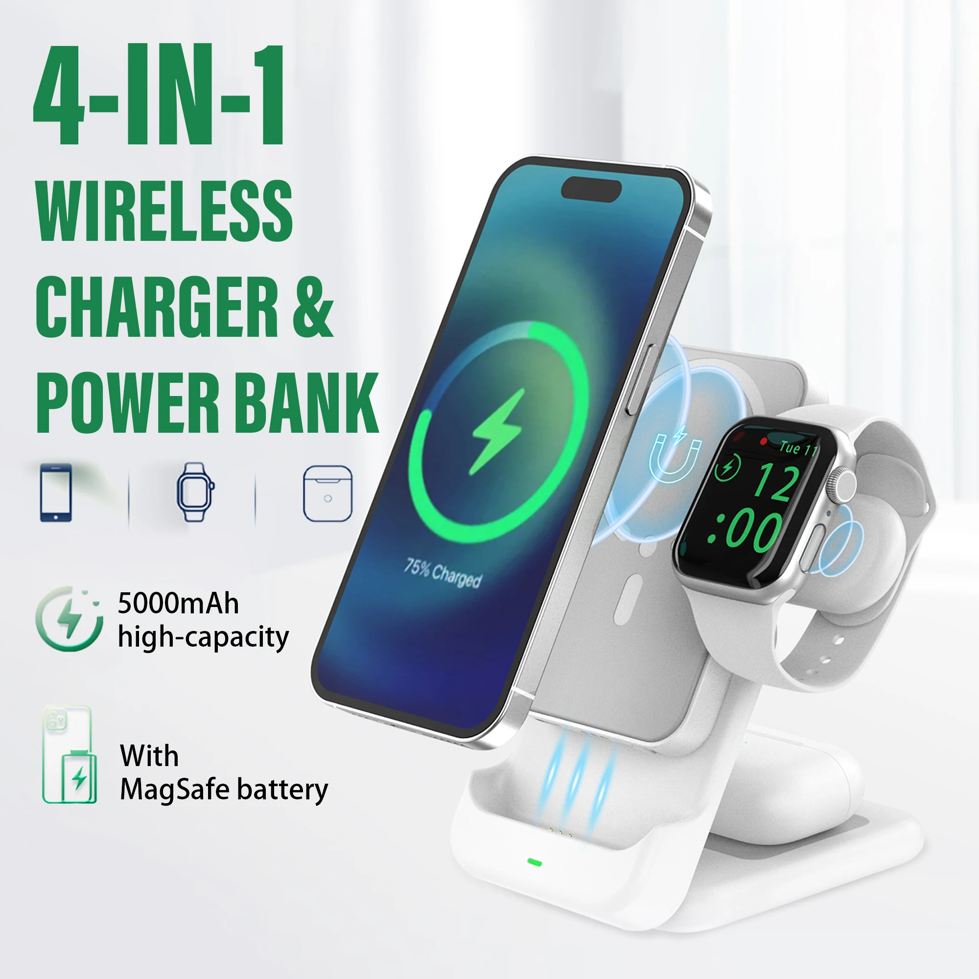 4 in 1 Wireless Charger & MagSafe Power Bank Magnetic 15W Fast Charging Portable Battery for iPhone 16 15 14 13 12 iWatch series