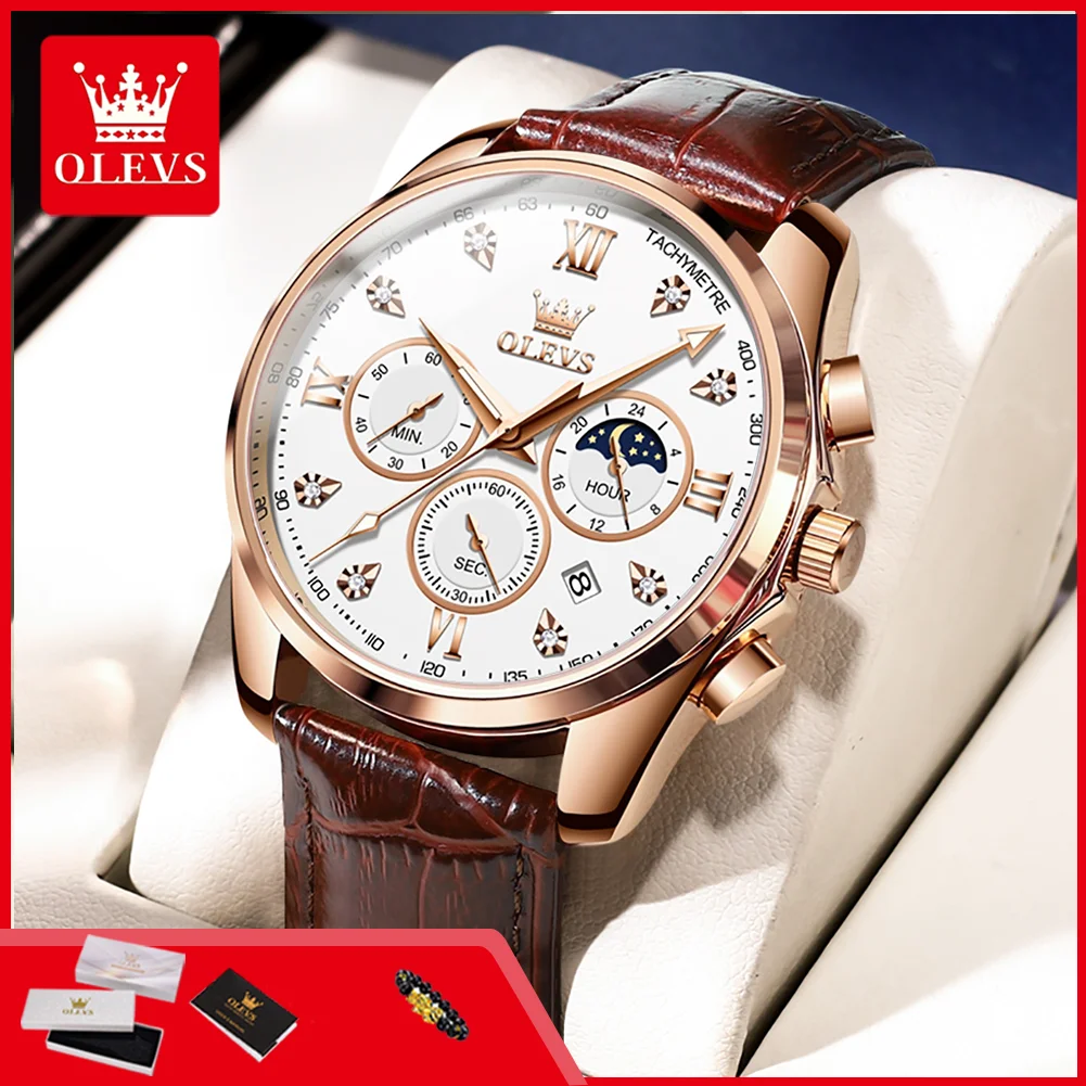 

OLEVS 2888 Chronograph Quartz Wristwatch for Men Sport Casual Moon Phase Auto Date Calendar Leather Strap Man Watch Luxury