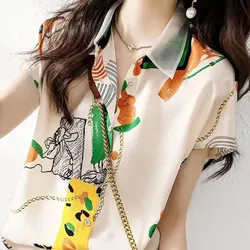 Elegant Fashion Harajuku Slim Fit Women's Clothing Loose Casual All Match Tops Women Printed Patchwork Button Short Sleeve Blusa