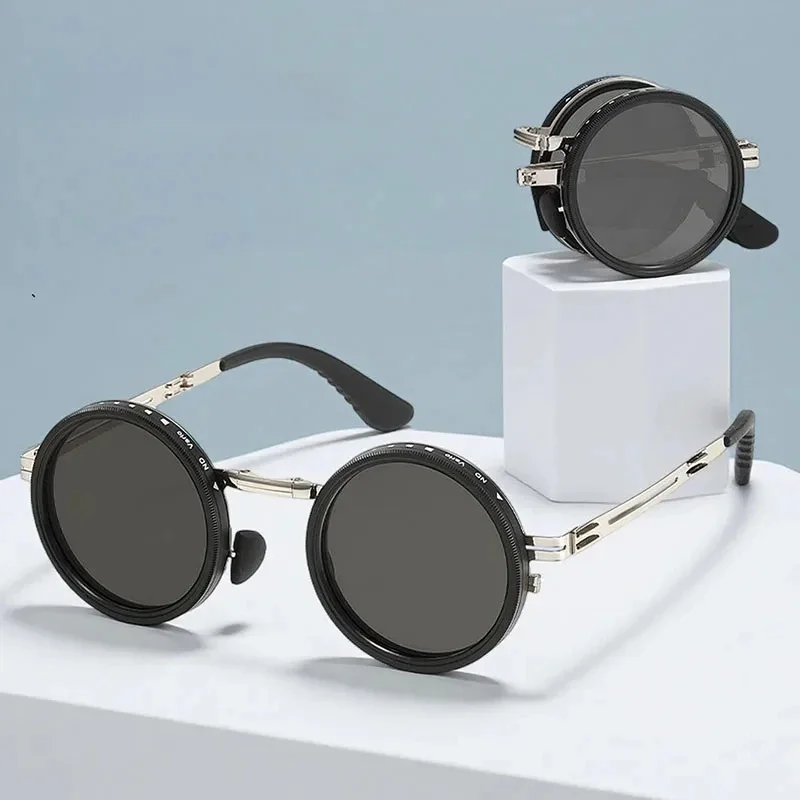 

New Fashion Full-folding Light-reducing Metal Punk ND9-level Adjustable Dimming Round Polarized Sunglasses UV400 With Case