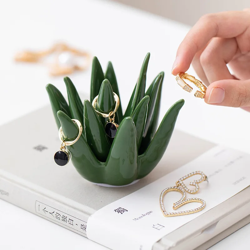Nordic Ceramic Cactus Aloe Ring Earring Jewelry Storage Tray Home Study Office Desktop Decor Craft Ornament Holiday Gift