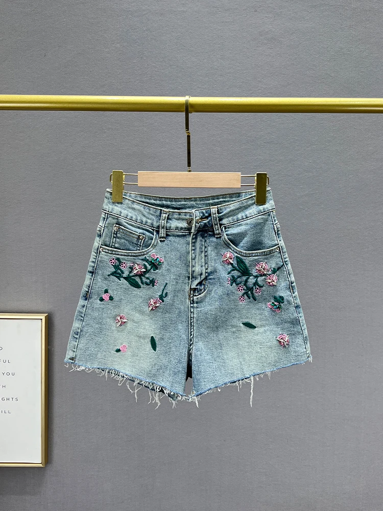 

Женские джинсовые шорты Ele с вышивкой, с высокой талией, эластичные, утягивающие, летние, широкие, из хлопка, стрейч, синие