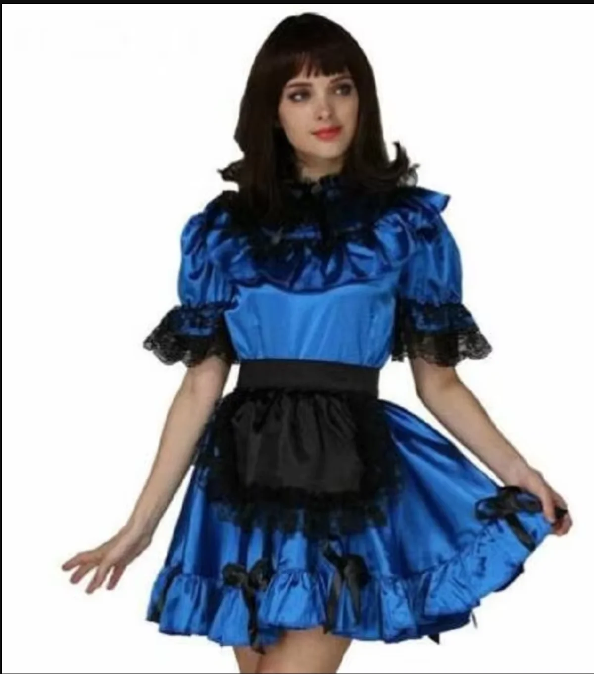 

Sissy Lockable Blue Satin Mid Neck Lace Dress Role Play Crossdresser Party Daily Unisex Dress Tailored by Maid