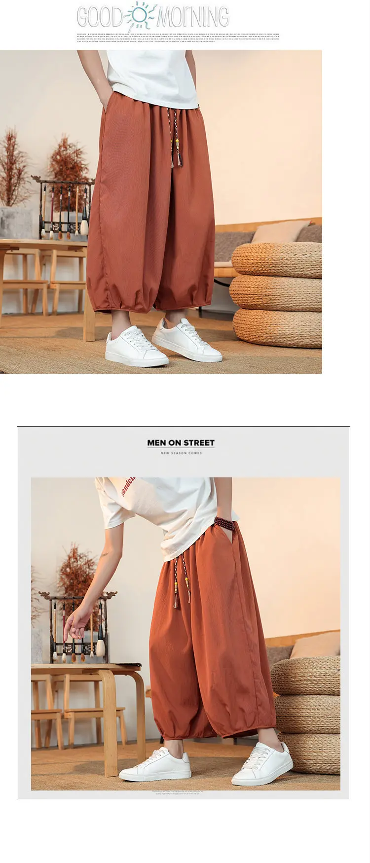 Sommerliche, atmungsaktive Sweatshirt-Hose für Herren, Eisseide, Leinenimitat, lockere, lässige, coole, kurze Hose im chinesischen Stil – Detail 16