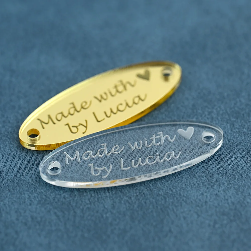 

Personalized Oval Mirror Acrylic Tags 15x40mm Laser Engraved Labels for DIY Crafts Clothing Hats Home Decor Custom Logo
