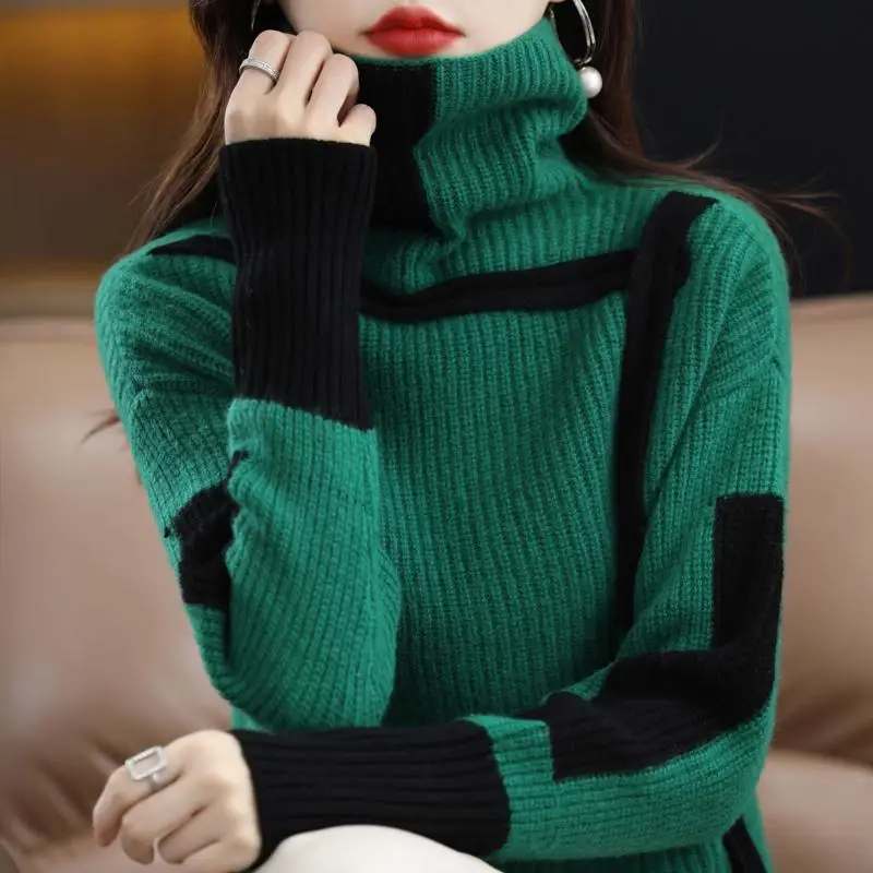 Women's Vintage Screw Thread Sweater High Neck Sweaters Autumn and Winter Loose Long Sleeve Patchwork Office Lady Knitted Tops