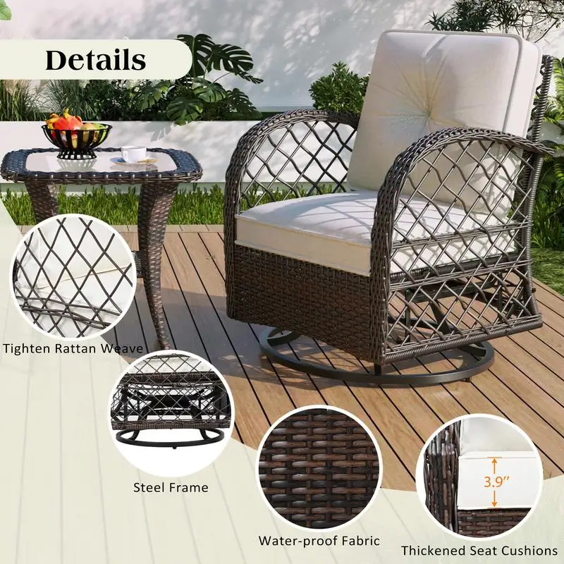 3-Piece Outdoor Chair & Table Set, 2-Person Rattan Seating Group with Swiveling Rocking Chairs & Square Table for Patio,