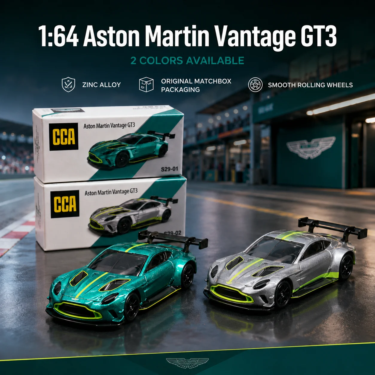 Modèle miniature Aston Martin Vantage GT3 1/64, voiture jouet en alliage CCA 3 pouces, roues libres, collection de véhicules moulés sous pression, cadeau pour petit ami