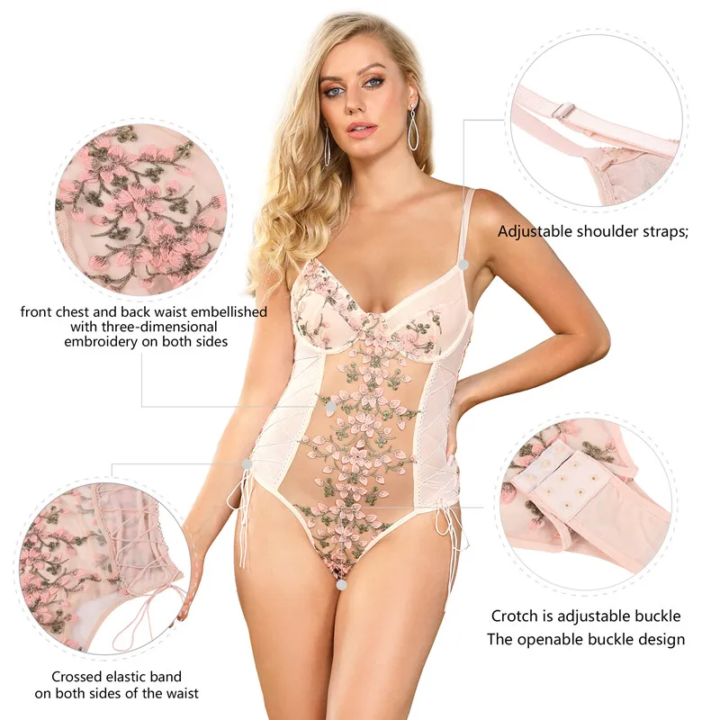 Comeondear One Piece Floral 3XL 5XL Lingerie Bodysuit Teddy Mesh Bodysuit Lace Up Embroidered Top Summer Women Shorts Jumpsuit