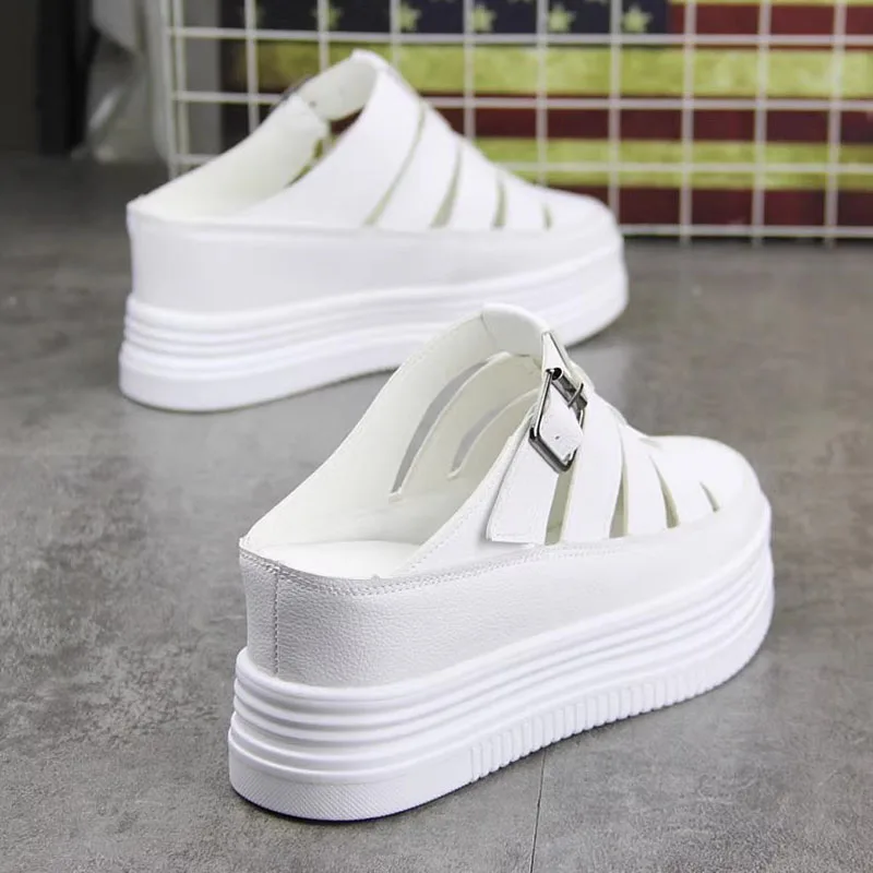 

XMWRLW Women's Summer Slippers Leather Half Shoes Fashion High Heels Female Summer Shoes Women Slippers Wedges Shoe Size 33