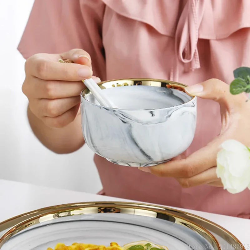 Nordic ceramic light luxury marble pattern pink gold-rimmed bowl tableware household restaurant supplies creative rice soup bowl