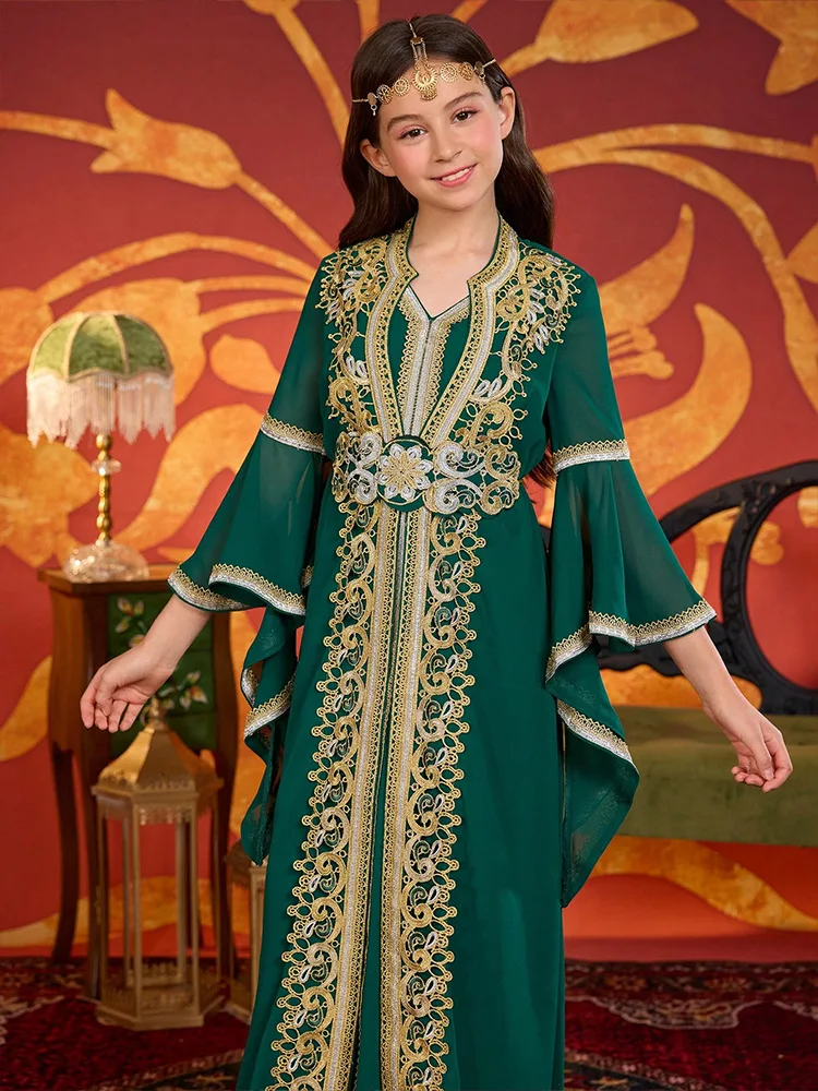 Elegante abito in chiffon arabo Dubai per ragazze manica svasata abito da festival saudita Abaya musulmano Marocco caftano Eid Djellaba Jalabiya