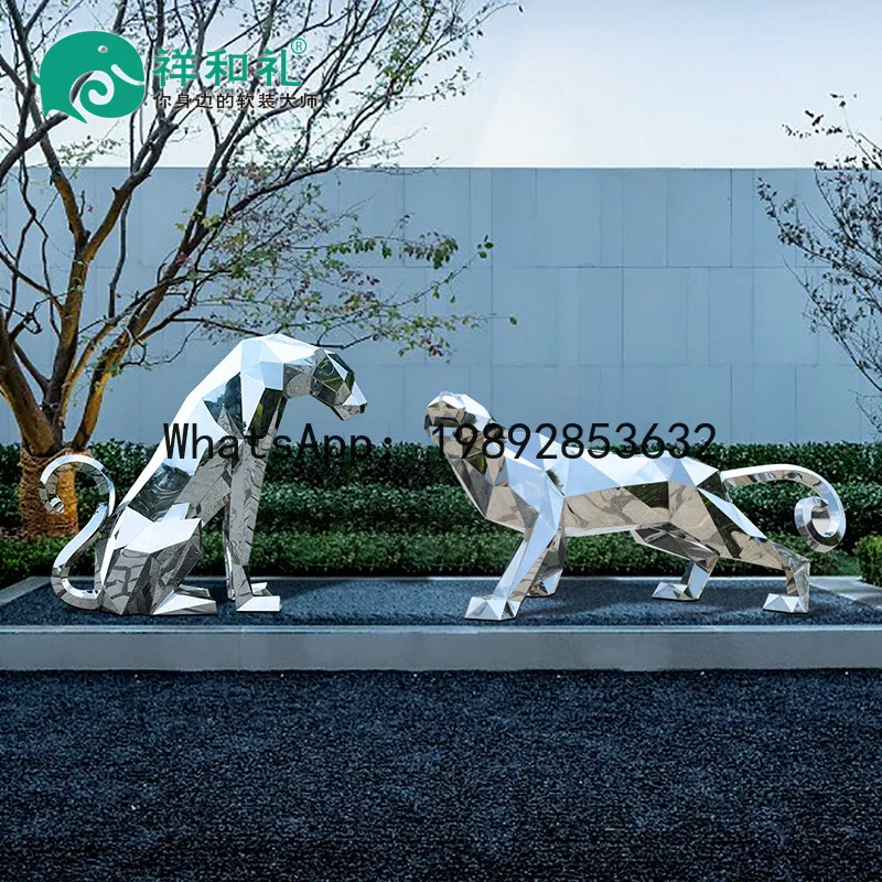 

XL Large Outdoor Stainless Steel Geometric Leopard Sculpture Wealth-Attracting Realistic Animal Ornament