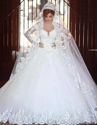 WAJY-vestido de casamento luxuoso vintage mangas completas, princesa vestido de baile, vestidos nupciais, 2020