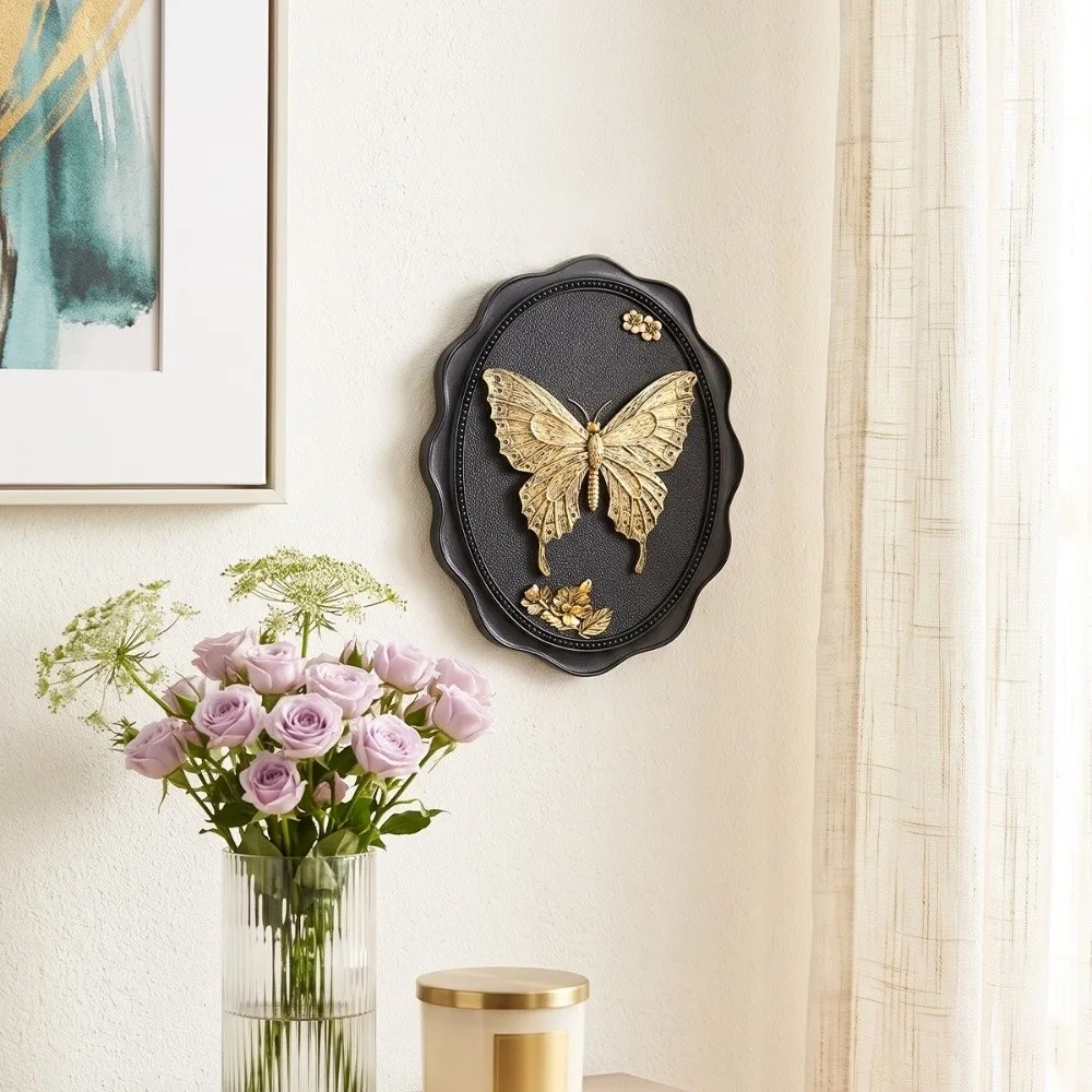 Resin Butterfly Wall Sculpture 3D Relief Hanging Butterfly Wall Art Oval Plaque Embossed Hanging Wall Decoration