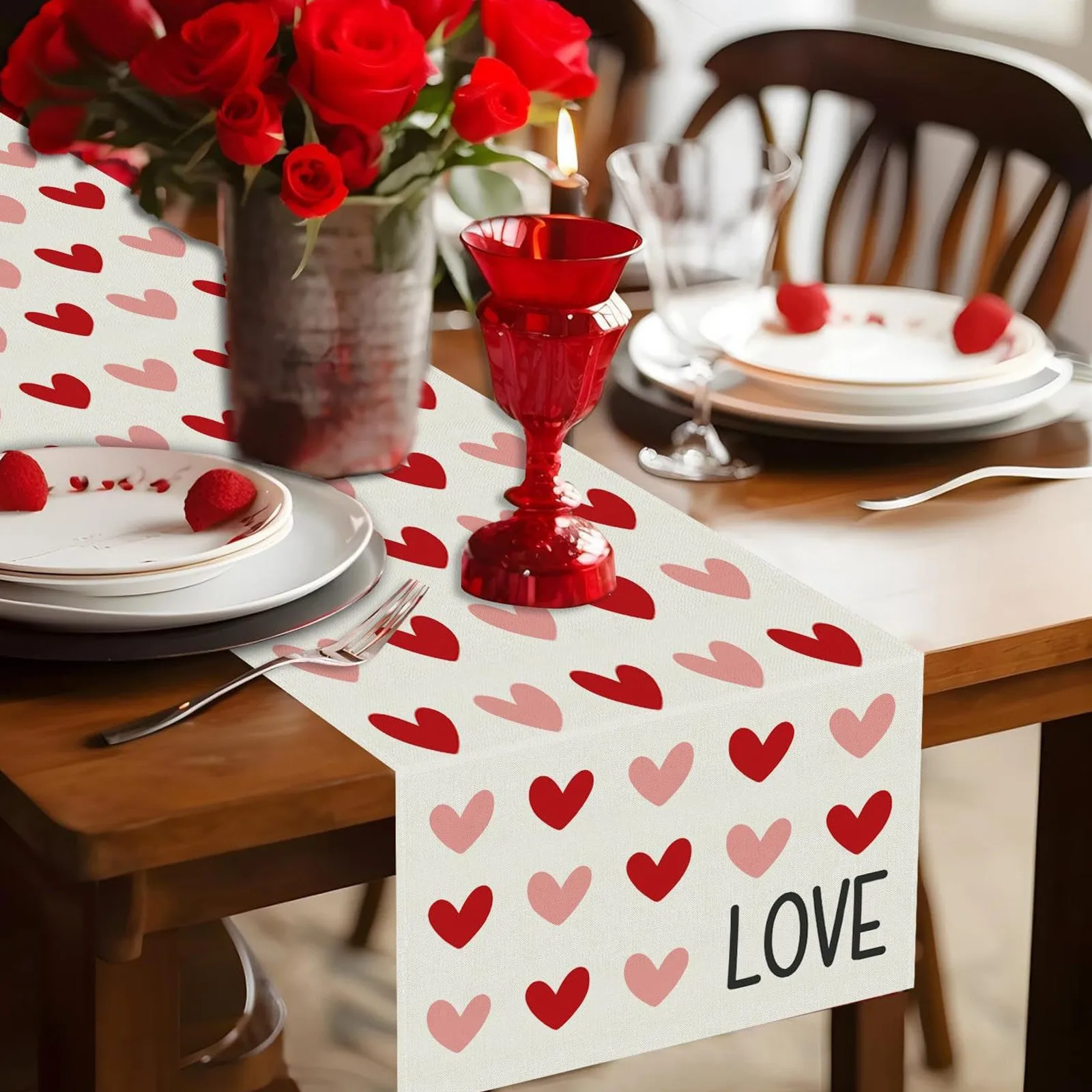 Valentine'S Day Love Heart Linen Table Runners Dresser Scarves Decor Reusable Kitchen Dining Table Runner Party Decoration