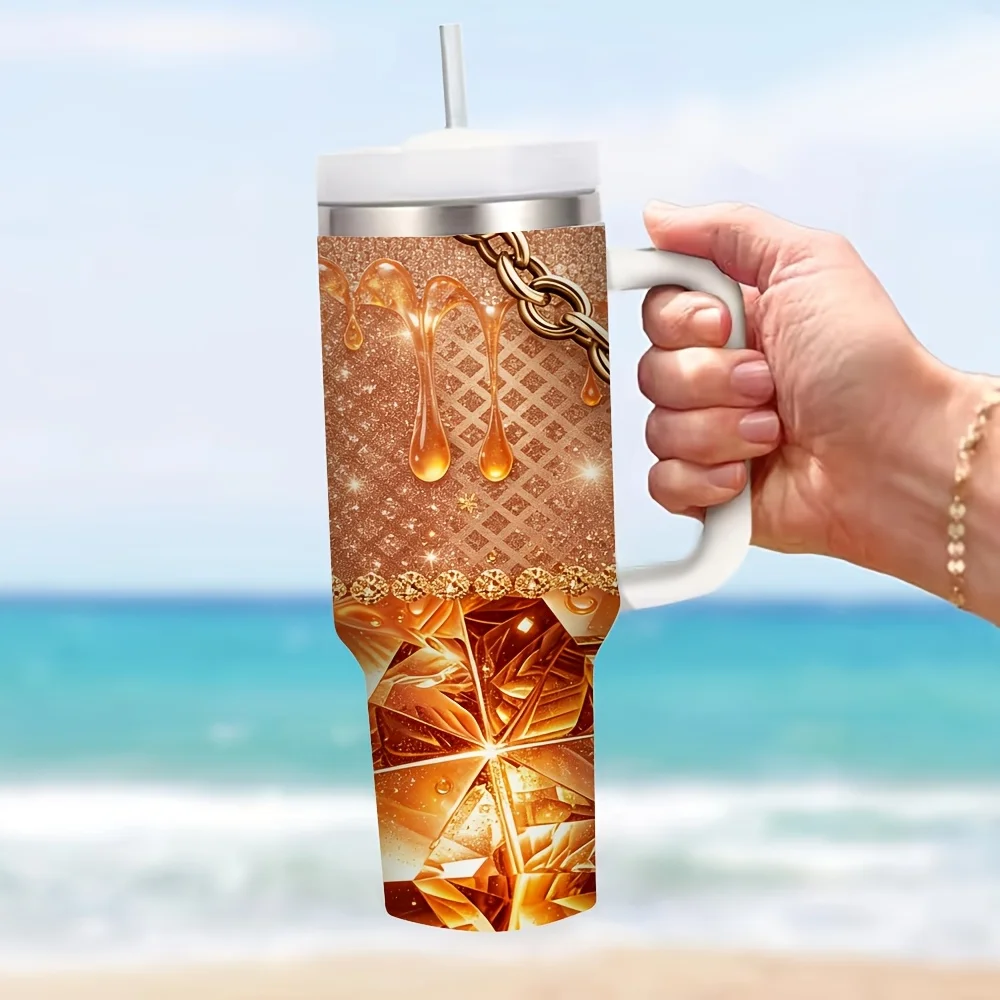 40oz Insulated Tumbler with Handle, Glam Golden Crystal Rose Chain Print Cup, Suitable for Both Hot And Cold Drinks, Ideal for Daily Use And Outdoor Travel Activities