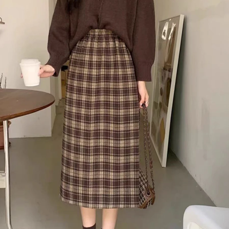 Vintage Plaid Skirt Women High Waist Harajuku Fall Winter Back Split Jk Pretty Style Dress Elegant Basic A-Line Office Lady Skir