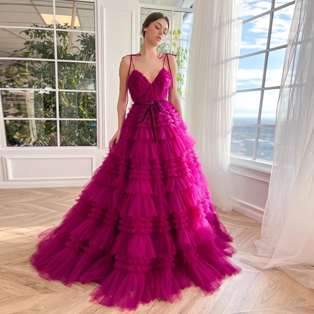 Customized Modern Ruffles Tulle A-Line Spaghetti Straps Fuchsia Tiered Long Party Gowns V-Neck Pleat Formal Evening