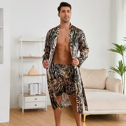 New European American Style Robes Men's Nightgown Tiger Lines Fashion Ice Silk-like Bathrobe Home Clothes Set Sexy Wild Pajamas