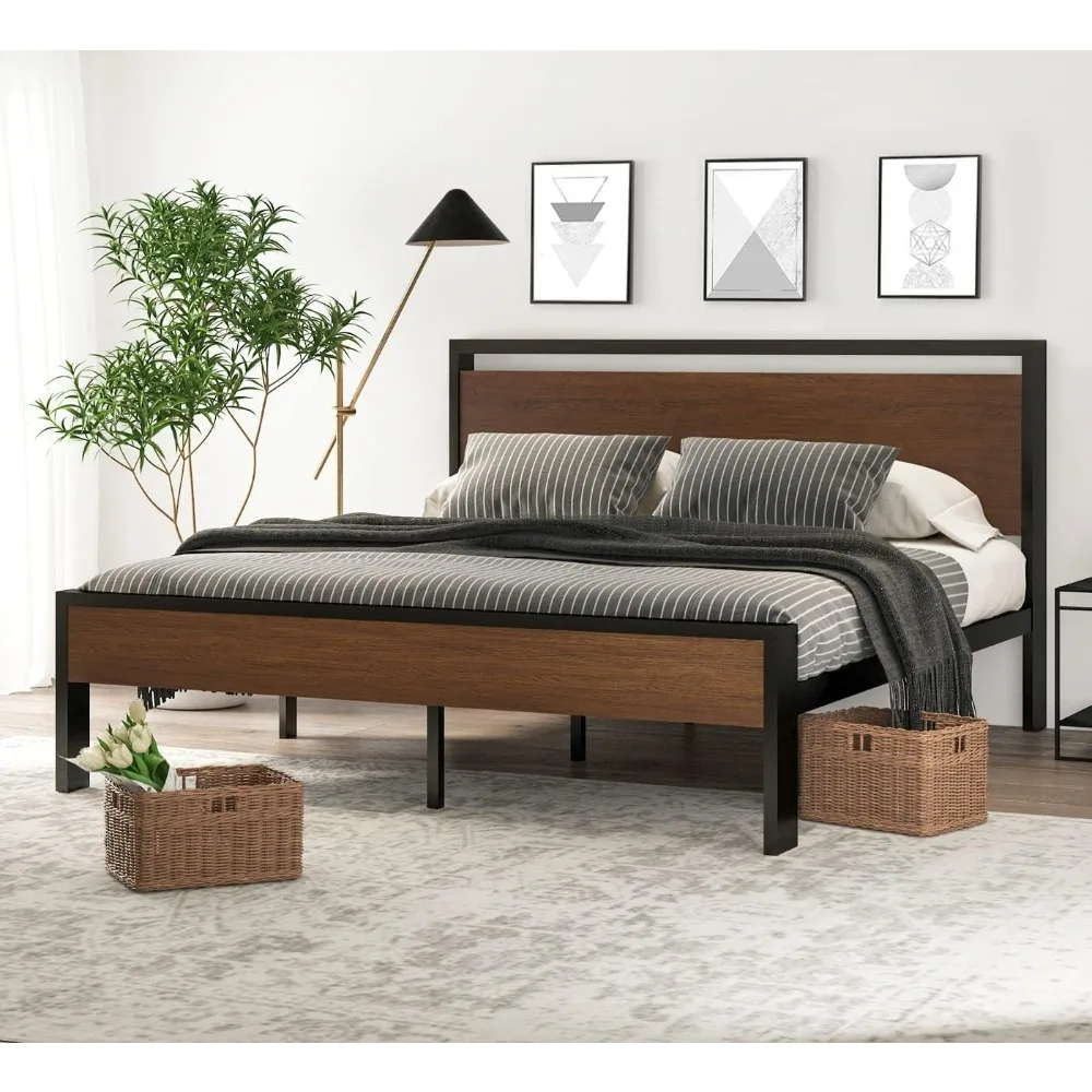 

King Size Metal Platform Bed Frame w Headboard and Footboard, Mattress Foundation, No Box Spring Needed, Large Under Bed Storage