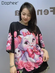 Crew Neck Short Sleeve T-Shirt Women Summer Tops Printed Cat Casual Fashion Beaded Half Sleeve Oversized T Shirt Kawaii Clothes