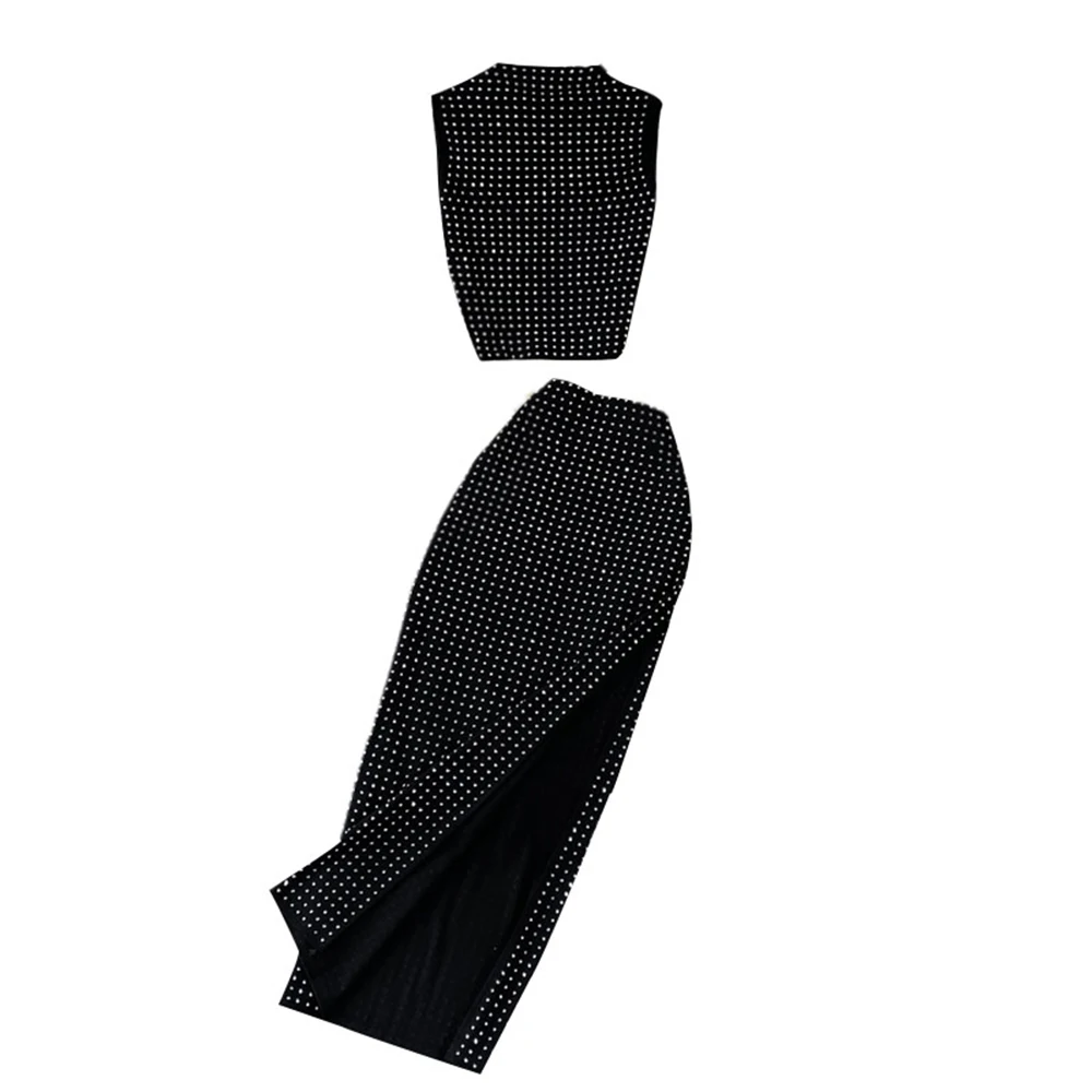 Elegant Black Diamond Studded 2piece Set Women's Spring Summer Sleeveless O-neck Short Top+Elastic Slim Fit Forked Long Skirt