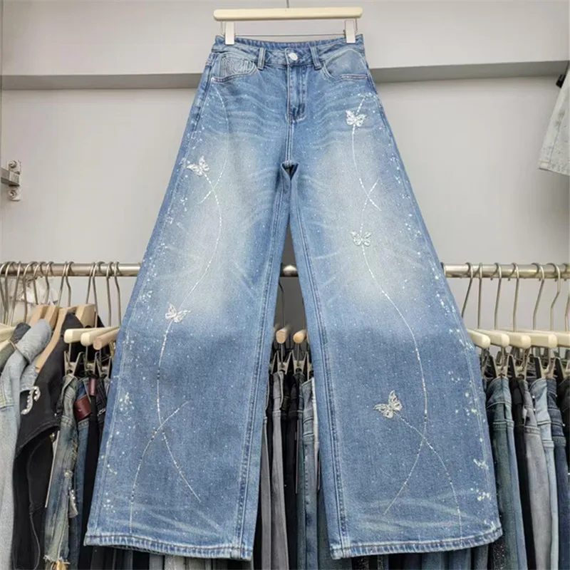 2026 Spring New High Waist Butterfly Hot Diamond Wide Leg Jeans for Women Versatile and Slimming Pants