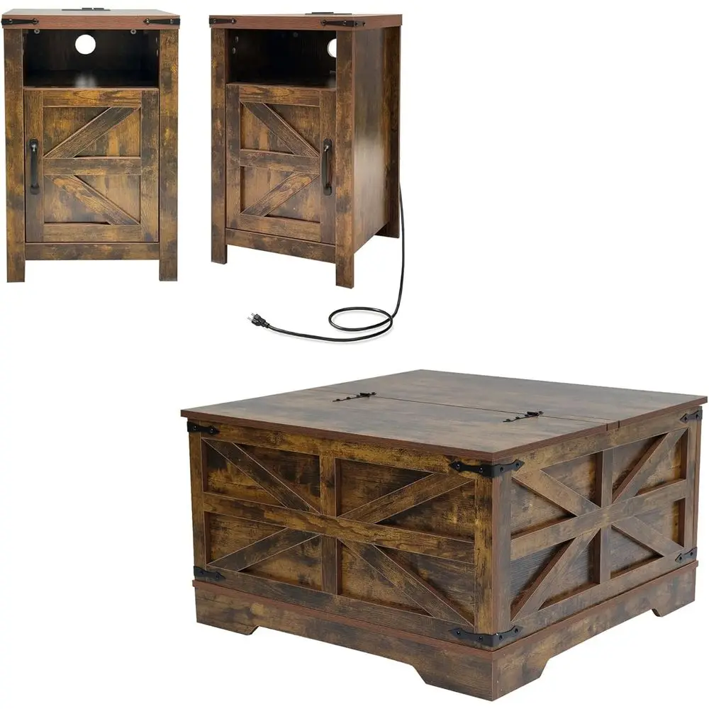 

armhouse Living Room Table Set o 3, 2 Rustic End Table with Charging Station and 1 Coee Table with Large Hidden Storage, armhous