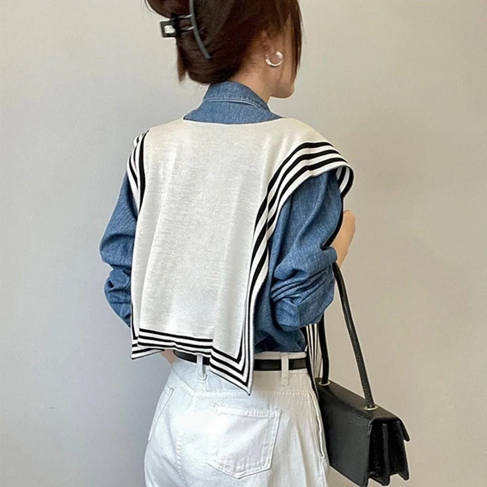 Blouse Shoulders Fake Collar Knitted Shawl Solid Color Sunscreen Black White Stripe Scarf Cape Scarf Accessories Wool Scarves