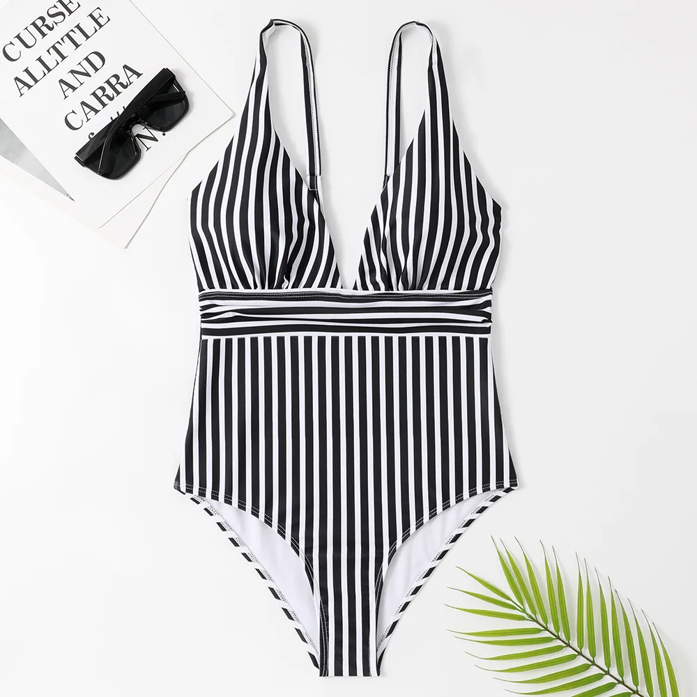 2023 New Striped One Piece Swimsuit Vintage Swimwear Women V-neck Bathing Swimming Suit Female Summer Beachwear Bodysuit