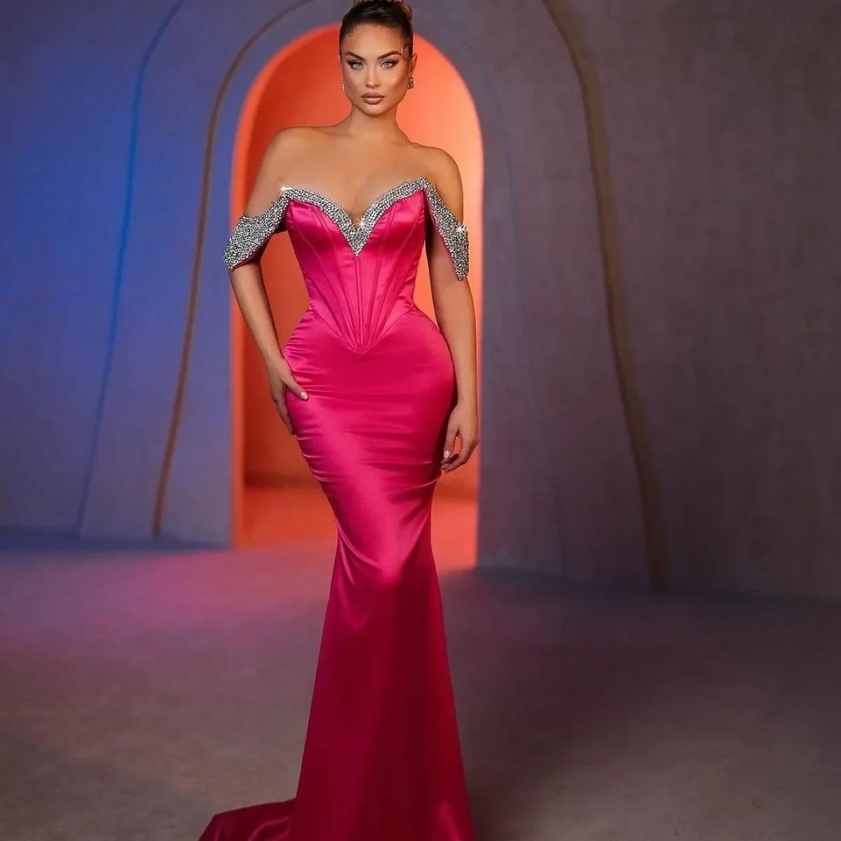 Abito da spettacolo di ballo rosa fucsia con spalle scoperte Perline Sirena Abiti lunghi da festa di compleanno Abiti da cerimonia Abiti da festa