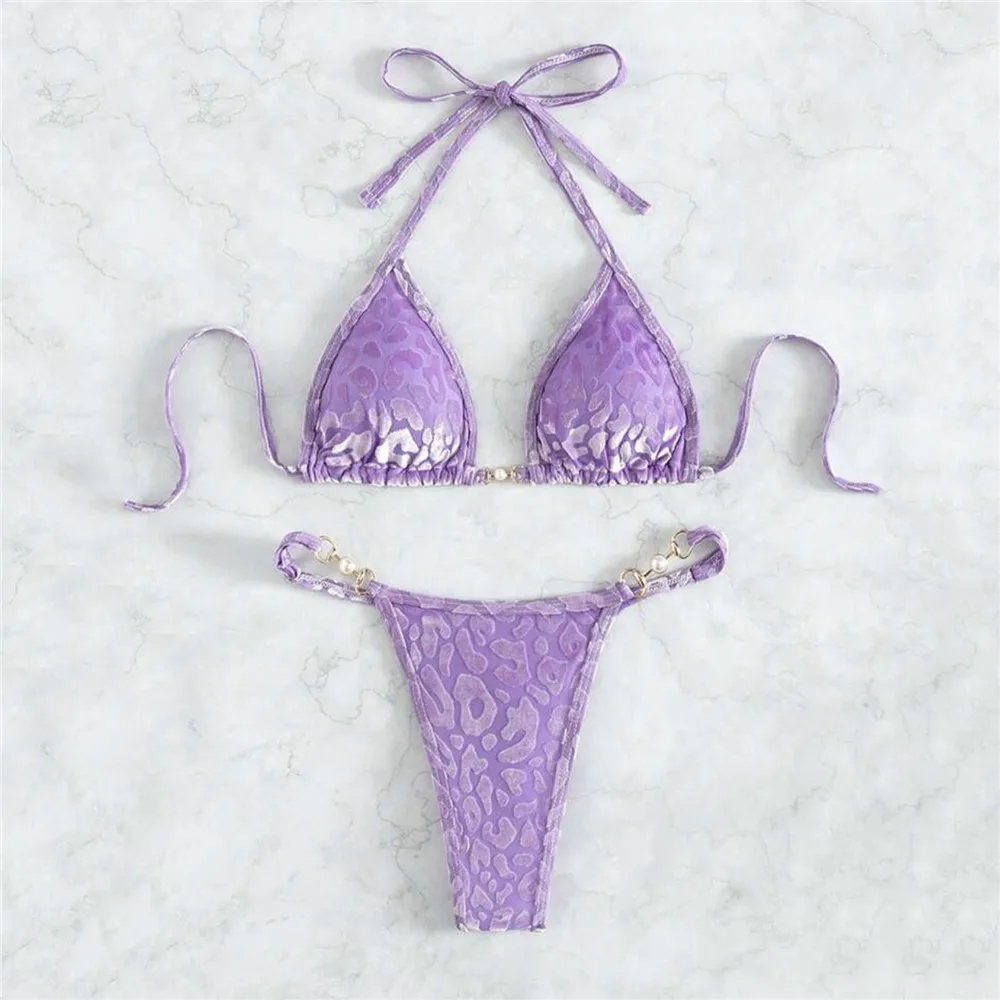 

Purple Velvet Leopard Swimsuit Sexy String Halter Triangle Bikinis Sets De Mujer Micro Thong Swimwear Women Bikinis Bathing Suit