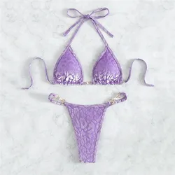 Purple Velvet Leopard Swimsuit Sexy String Halter Triangle Bikinis Sets De Mujer Micro Thong Swimwear Women Bikinis Bathing Suit